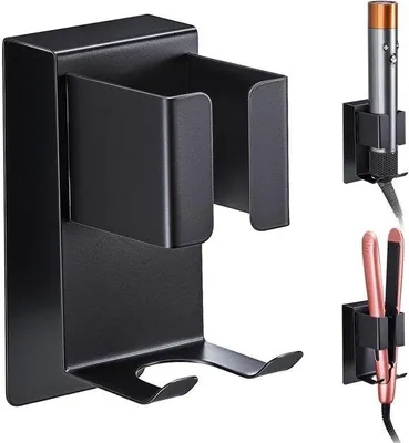 Image de Support mural Unyqoos® pour lisseurs et sèche-cheveux – support métallique gain de place, dimensions : 6 x 8,3 x 13 cm, résistant à la rouille et à la corrosion, adhésif (sans perçage)