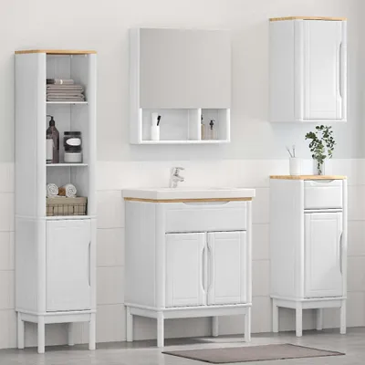 Image de Ensemble de meubles de salle de bain FLORO, 4 pièces, en bois massif de pin, couleur blanche