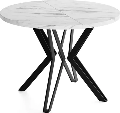 Produktbild von Runder Tisch in Weißer Marmoroptik für das Esszimmer - 100 oder 120 cm Durchmesser - Ausziehbarer Tisch mit Pulverbeschichteten Schwarzen Metallbeinen - Industriestil - 100 cm - Marmor Weiß