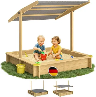 Produktbild von Sandkasten Fritzi Sonnendach 140x140x120cm Naturholz Fichtenholz UV-Schutz Sandbox UV50+ Kantenschutz Bodenvlies Sandspielzeug Kinder