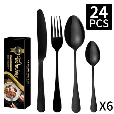 Imagen del producto de Juego de cubiertos de acero inoxidable de 24 piezas, que incluye cuchillos, tenedores y cucharas, color