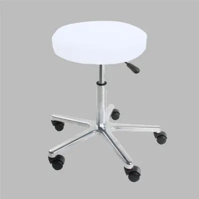 A white round stool cover on a rolling stool.