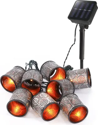 A string of solar-powered lanterns with a Moroccan-inspired design.