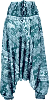 Produktbild von Pluderhose mit Elefanten-Print, Overall, Jumpsuit, Haremshose, Pumphose, Aladinhose - Petrol, Damen, Grün, Viskose, Hosen