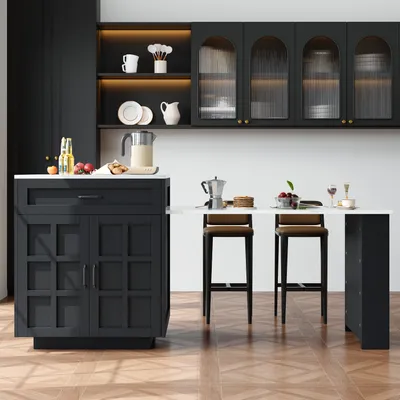 Immagine prodotto di okwish Credenza, cassettiera, isola da cucina, tavolo da bar allungabile con vano portaoggetti, con 2 cassetti e 4 scomparti, con ripiani laterali, nero