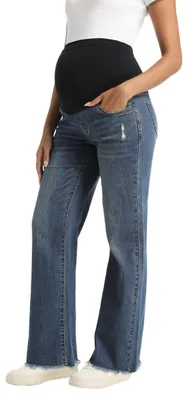 Immagine prodotto di Jeans premaman taglia M, gamba dritta, colore blu vintage, pantaloni premaman in denim con tasche, adatti alla gravidanza