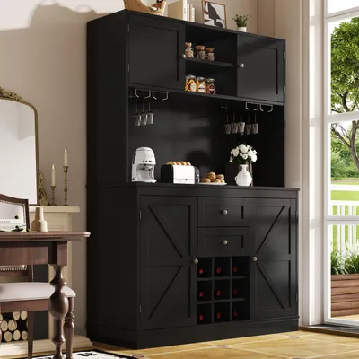 Image de Buffet noir à 4 portes et 2 tiroirs, avec étagères réglables et casier à bouteilles, pour la cuisine ou le salon