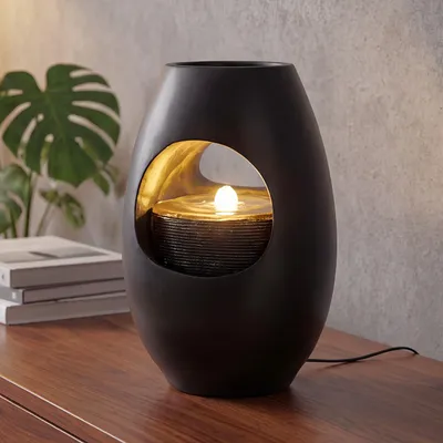 Produktbild von Zimmerbrunnen Blumenvase schwarz BK913 mit LED Beleuchtung Tischbrunnen Vase modern Brunnen Wasserspiel 40 cm