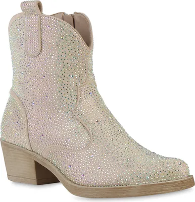 Produktbild von VAN HILL Damen Cowboy Boots Stiefeletten Spitze Strass Western Schuhe 840903, Farbe: Beige, Größe: 38