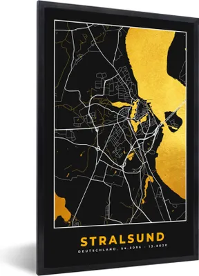 Produktbild von MuchoWow® Gerahmtes Poster Stralsund - Gold - Karte - Stadtplan - Deutschland 20x30 cm - Poster mit Schwarzem Bilderrahmen Wandposter Rahmen Foto Bilder - Drucken - Bilder Poster im Rahmen