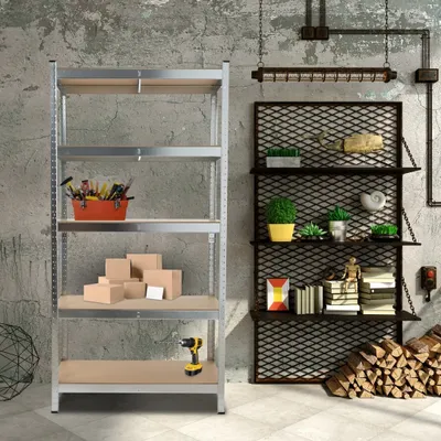 A storage shelf unit with various items displayed on it, next to a wall with industrial-style fixtures.
