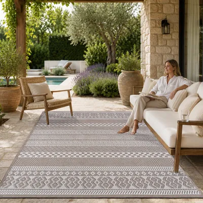 Produktbild von Outdoor Teppich Flachgewebe modern Boho Ethno wetterfest Außenbereich Grösse 160x220 cm