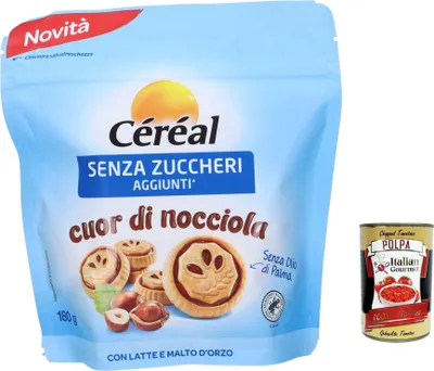 Produktbild von 3x Cereal cuor di nocciola senza zuccheri aggiunti, Keks Ohne Zuckerzucker mit cremigem Haselnuss-Herz Kekse 180g + Italian Gourmet polpa 400g