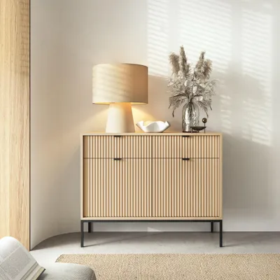 Produktbild von Moderne Geriffelte Kommode KIOTO K2D2SZ Eiche Vicenza Schwarz Gestell Schrank Sideboard