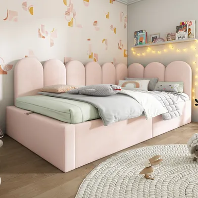 Produktbild von okwish Polsterbett Daybett Kinderbett mit hydraulischem Stauraum,90x200cm, Schlafsofa  mit Lattenrost, Samt, Rosa, ohne Matratze