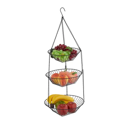 Immagine prodotto di Cestino portafrutta sospeso Relaxdays, A x P: 73 x 28 cm, 3 ripiani, acciaio, cestino rotondo sospeso per frutta e verdura, vassoio portafrutta, nero