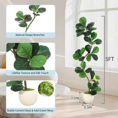 Obrázek produktu pro Umělá rostlina "Ficus lyrata" – dekorativní pokojová rostlina – výška 150 cm – vyrobená z plastu – vhodná do obývacího pokoje a kanceláře – s bílým květináčem – s dekorativním porostem z mechu – zelená/bílá