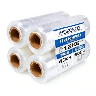 Produktbild von Heikoeco® Hochfeste Transparente Stretchfolie, 4 Rollen - 40 cm breit x 900 m lang x 23 μm dick, Gesamtgewicht 5,9 kg, Robuste Verpackungs- & Transp