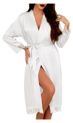 Produktbild von Langer Satin Bademantel für Damen im Kimono-Stil mit Spitzenmanschetten