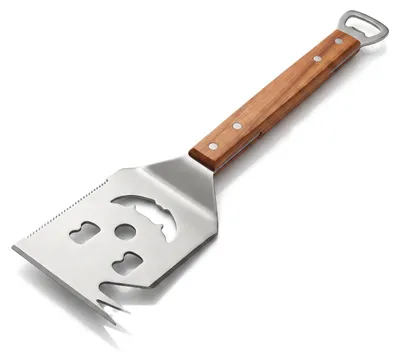 Imagen del producto de Espátula para barbacoa de acero inoxidable 7 en 1 con mango de madera, con borde de cuchillo recto y dentado, tenedor volteador, abrelatas y ayuda para girar alimentos, espátula para parrilla, 1 unidad, color natural plateado