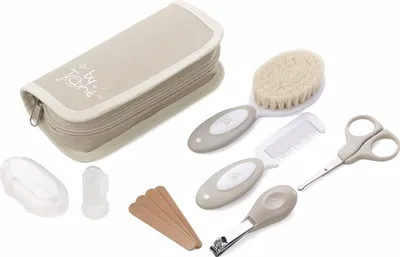 Image de Set d'hygiène Jané Basic avec trousse de toilette, peigne, brosse en poils naturels, ciseaux, coupe-ongles, limes et brosse à dents en silicone