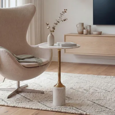 Immagine prodotto di FineBuy Tavolino in metallo con piano in marmo bianco, rotondo da 37 cm, tavolino di design, tavolino da salotto, tavolino da lounge, tavolino da soggiorno, realizzato a mano