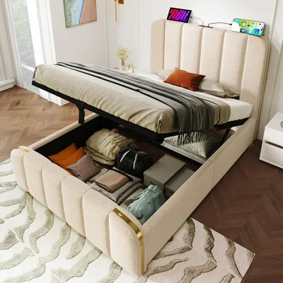 Produktbild von Polsterbett Einzelbett, gepolstertes Kopfteil mit goldenen Zierstreifen und ,USB Typ-C Ladefunktion 90*200 cm, Beige Leinen-Material Hydraulisches Lagerbett (Ohne Matratze)