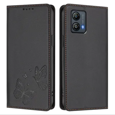 Produktbild von Lederhülle für Motorola Moto G53, Schmetterling Prägung Leder Brieftasche Schutzhülle mit Ständer Schwarz