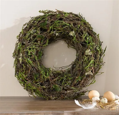 Image de Grande couronne "Mousse" Ø 40 cm en brindilles, matériaux naturels et mousse, couronne décorative, couronne de porte, couronne murale