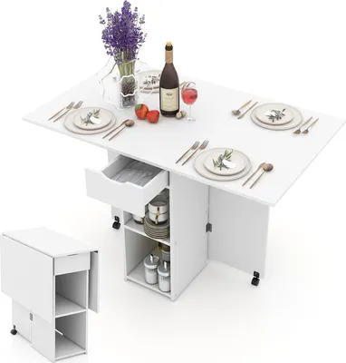 Produktbild von Klappbarer Esstisch, ausziehbarer Schreibtisch mit Schublade, 2 Ablagen & 2 Rädern, rollbarer, platzsparender Küchentisch, Weiß