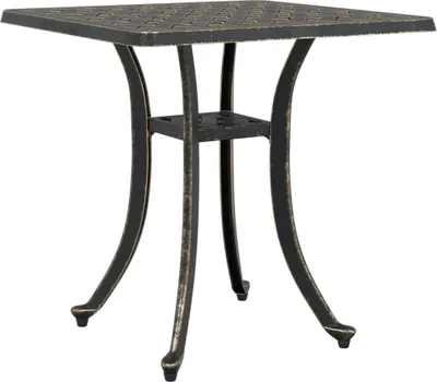 A square garden table with a decorative patterned top and curved legs, presented on a white background.