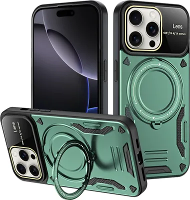 Produktbild von Rüstung Handyhülle für iPhone 16 Pro Max Dual-Layer Magnetisches Ringhalter Ständer Magsafe Hülle Grün