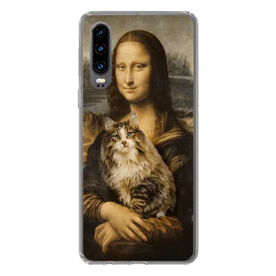 Produktbild von MuchoWow® Handyhülle Schutzhülle Hülle für Huawei P30 Mona Lisa - Katze - Leonardo da Vinci - Vintage - Kunstwerk - Alte Meister - Gemälde Silikon Softcase Handy Hülle - Kartenbesitzer