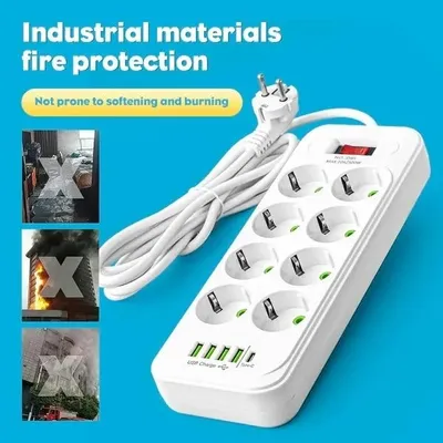 Produktbild von Steckdosenleiste 8-fach mit 4 USB und USB-C 2500 W 250 V 10 A Kabellänge 2 m mit Schalter und Überspannungsschutz EU-Stecker