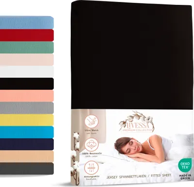 A product image showing a black fitted sheet and a selection of other colored fitted sheets, with marketing text and graphics.