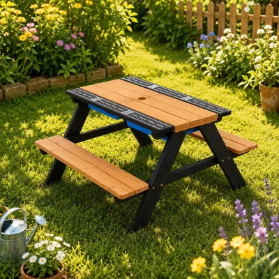 Produktbild von HAGO24 Kindersitzgarnitur Kindersitzbank Spieltisch Tannenholz Kunststoffschale Gartensitzgruppe Picknickbank Sonnenschirmloch kindgerechtes Design Stabilität