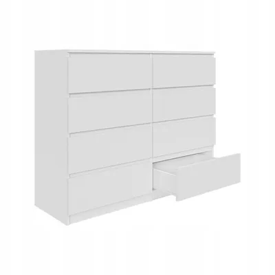 A white dresser with eight drawers, one of which is partially open.