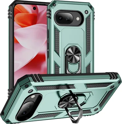 Produktbild von Schutzhülle für Google Pixel 9A Dual Layer Robust Militäre Fallschutz Hülle mit Ringhalterung Ständer Grün