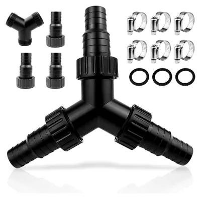 Produktbild von 2 Stück Y-Verteiler, Schwarz Y Wasserverteiler mit 6 Kreuzschlauchschellen für Küche und Waschmaschine (Innendurchmesser 20/25 mm)