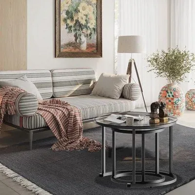 Productafbeelding van Set van 2 Ronde Salontafels met Metalen Frame - Ruimtebesparende Bijzettafels voor Woonkamer en Slaapkamer