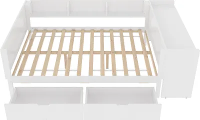 Produktbild von Flachbett 140x200cm Ohne Matratze Weiss Mit Schreibtisch 2 Schubladen Regalen Holzbett Kiefer Spanplatte Jugendbett Kinderbett