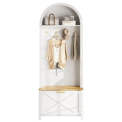 Produktbild von Multifunktionaler Garderobenschrank(weiss) mit Schuhregal, Ablage & Haken,langlebiger MDF Korpus,stabile Eisenfüße,praktische Aufbewahrung