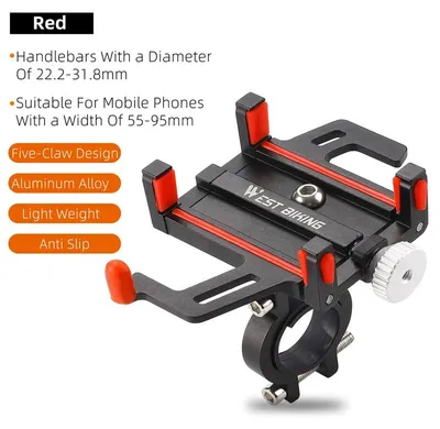 Zdjęcie produktu dla Uchwyt na telefon do roweru - mocowanie na kierownicę - obrotowy o 360 stopni - wykonany z aluminium - zacisk z pięcioma "pazurami" - regulowany, pasuje do rowerów górskich i szosowych - kolor: czerwony