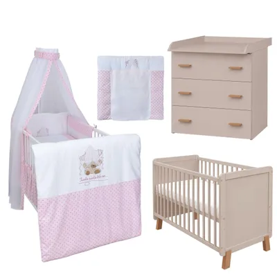 Produktbild von Baby-Delux Babyzimmer Babybett Wickelkommode umbaubar Schutzgitter 60x120 Lou Kaschmir Bettwäsche Komplett Set Twinkle Star Rosa