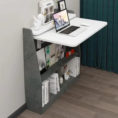 Klappbares Wandbureau mit Regalen, Holz, Weiß/Grau