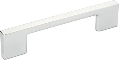A single, shiny silver handle on a white background.