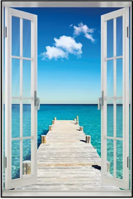 Produktbild von Wallario Wandbild mit Fenster-Illusion: Steg am tropischen Meer, Größe: 61 x 91,5 cm, Poster mit schwarzem Aluminiumrahmen