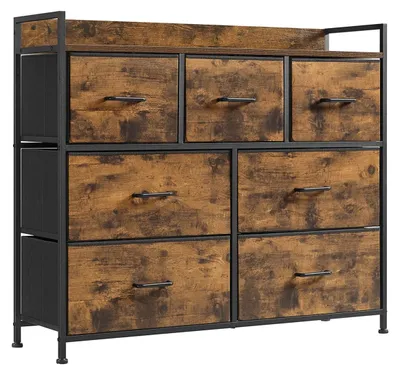 Produktbild von Vintage braun-schwarze Kommode mit 7 Schubladen – MDF – 98 x 28,5 x 85 cm