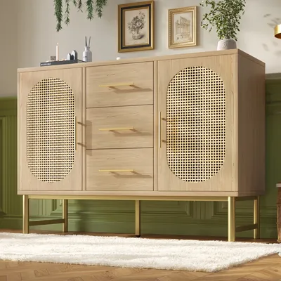 Produktbild von Flieks Kommoden Wohnzimmerschrank Rattan, Sideboard mit 3 Schubladen und 2 Türen, Schubladenkommode Anrichte mit Metallfüß, 120cm, Naturbelassen