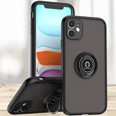 Produktbild von iPhone 12 Hülle, Ring Halter Ständer Matte Transluzent TPU Rahmen Stoßfest Schutzhülle für iPhone 12 Schwarz